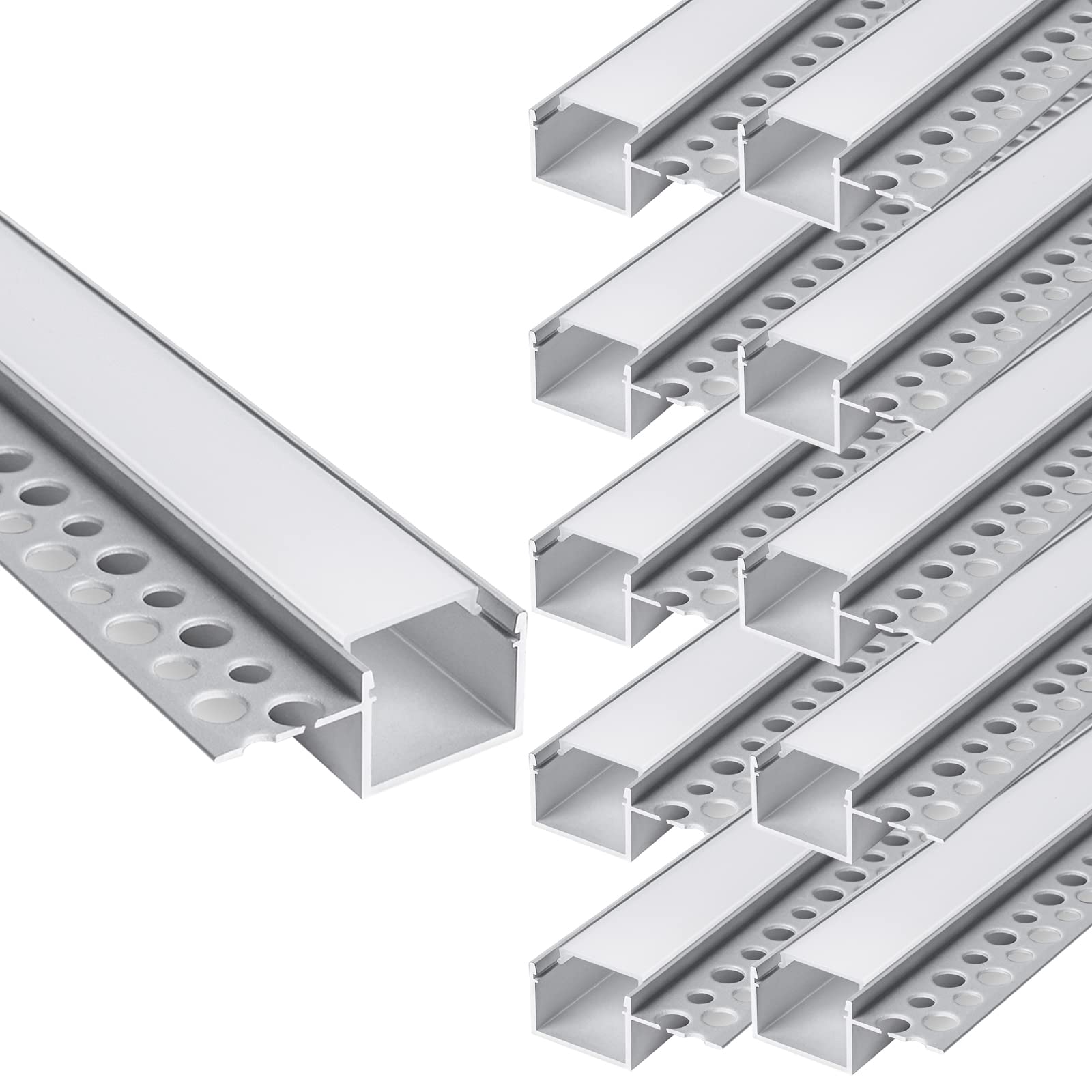 hunhun 10-Pack6.6ft/2Meter Drywall LED Aluminum Channel System with Milky Cover, End Caps and Mounting Clips, Aluminum Profile for LED Strip Light Installations (Single-Edge-6.6ft, 10)
