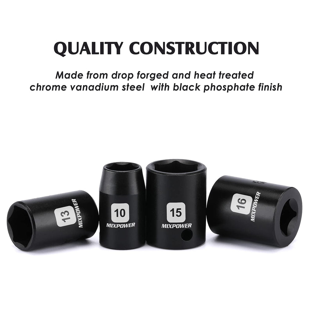 MIXPOWER 12 Pieces 3/8-Inch Drive Shallow Impact Socket Set, 5/16 to 1 inch, CR-V, SAE, 6 Point, Shallow, 12 Pieces 3/8" Dr. Socket