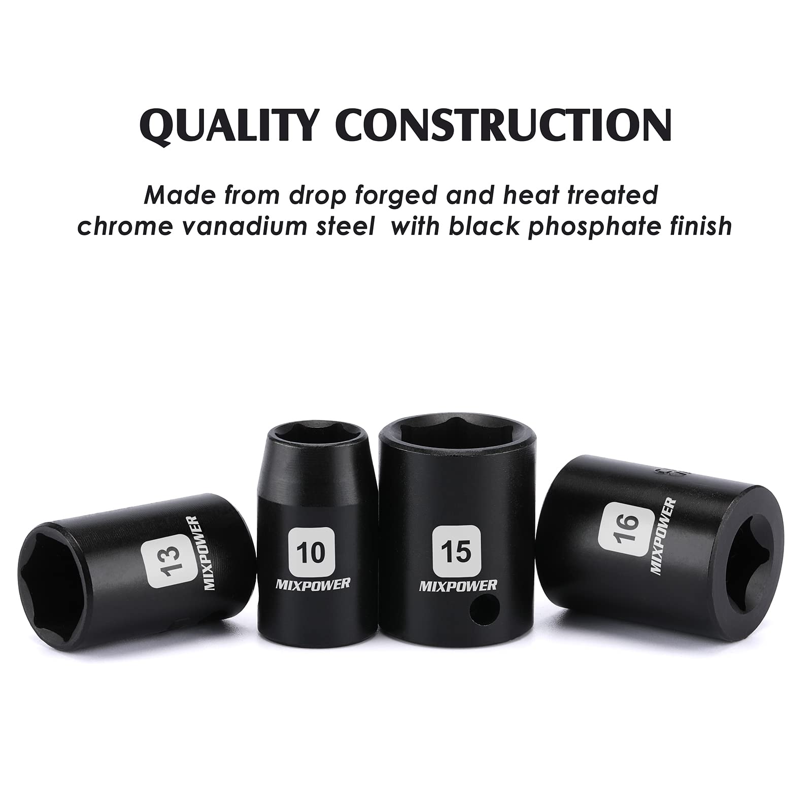 MIXPOWER 12 Pieces 3/8-Inch Drive Shallow Impact Socket Set, 5/16 to 1 inch, CR-V, SAE, 6 Point, Shallow, 12 Pieces 3/8" Dr. Socket