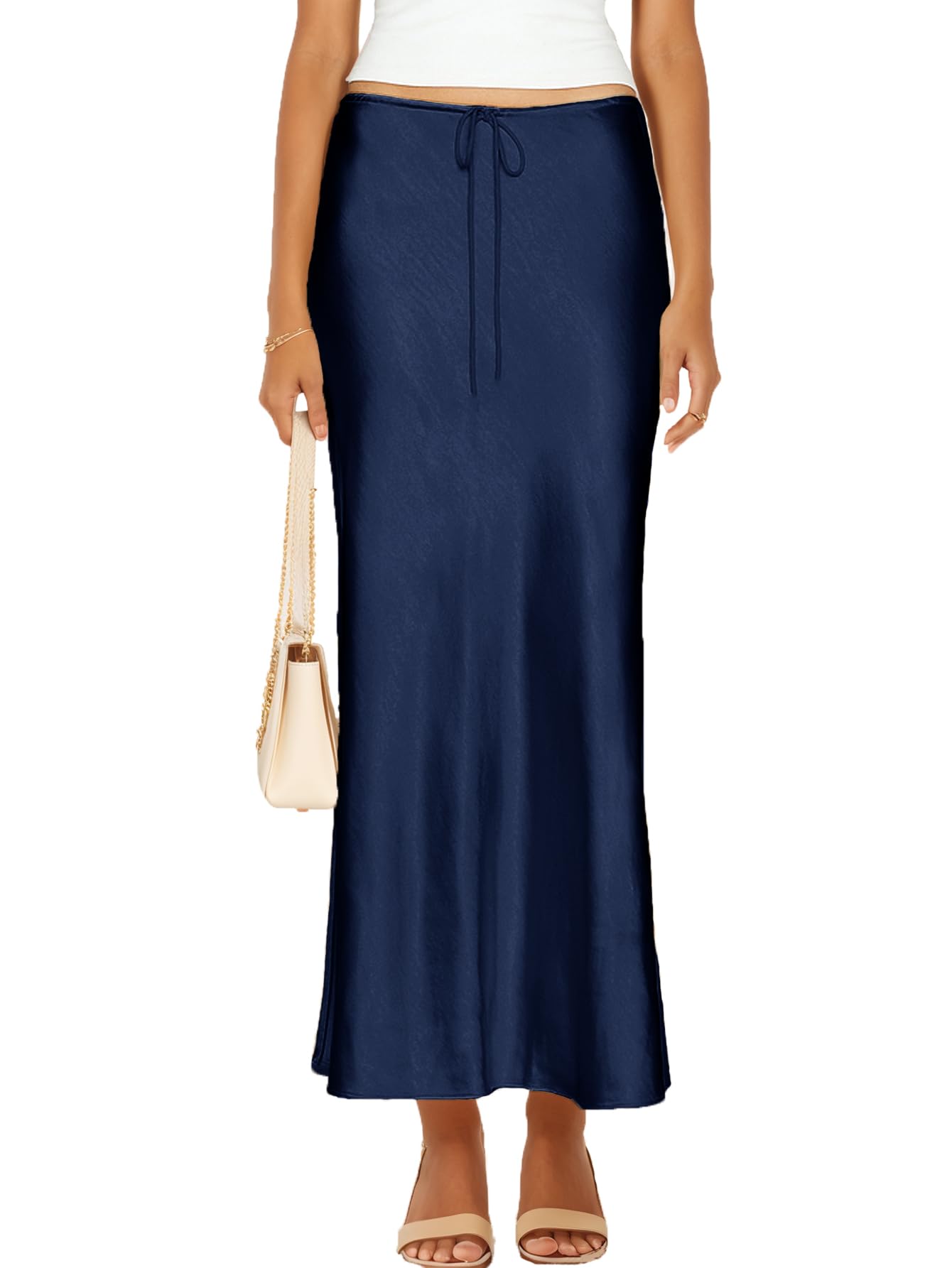 Womens Satin Silk Maxi Skirts Drawstring Flared Casual A-Line Long Skirt for Women