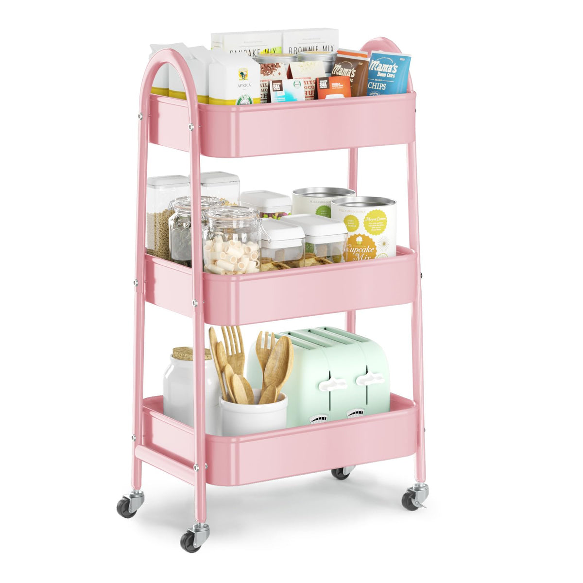 EAGMAK 3 Tier Rolling Cart, Large Metal Storage Cart with Handle and Lockable Wheels, Big Multifunctional Storage Organizer Trolley with Mesh Baskets for Kitchen, Living Room, Office, Garage (Beige)