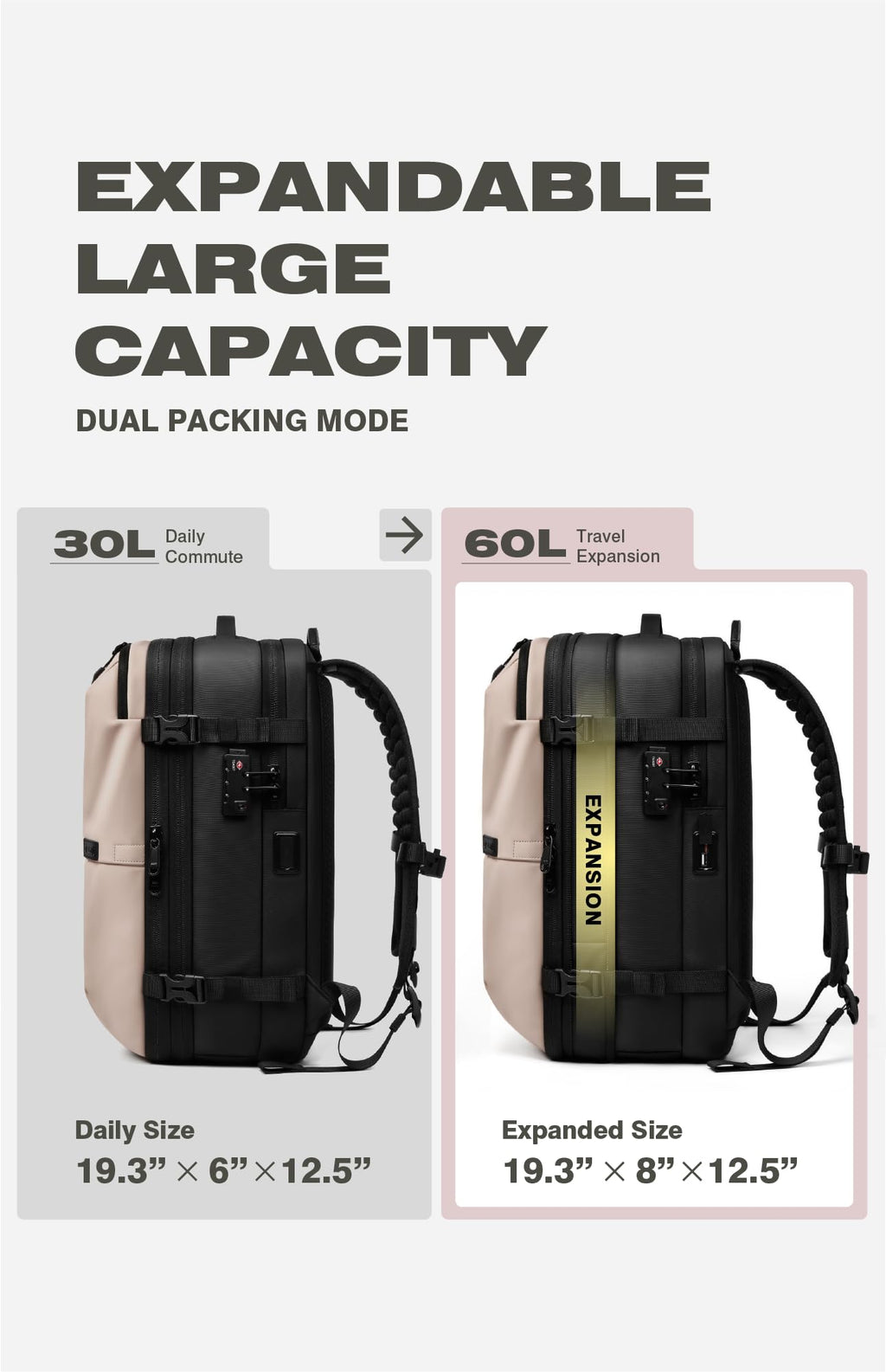 AirVault Vacuum Seal Travel Backpack 60L with Expandable HyperSeal Air Compression Vacuum System Water Resistant TSA Lock (Vacuum Pump Included, Black, 60L)