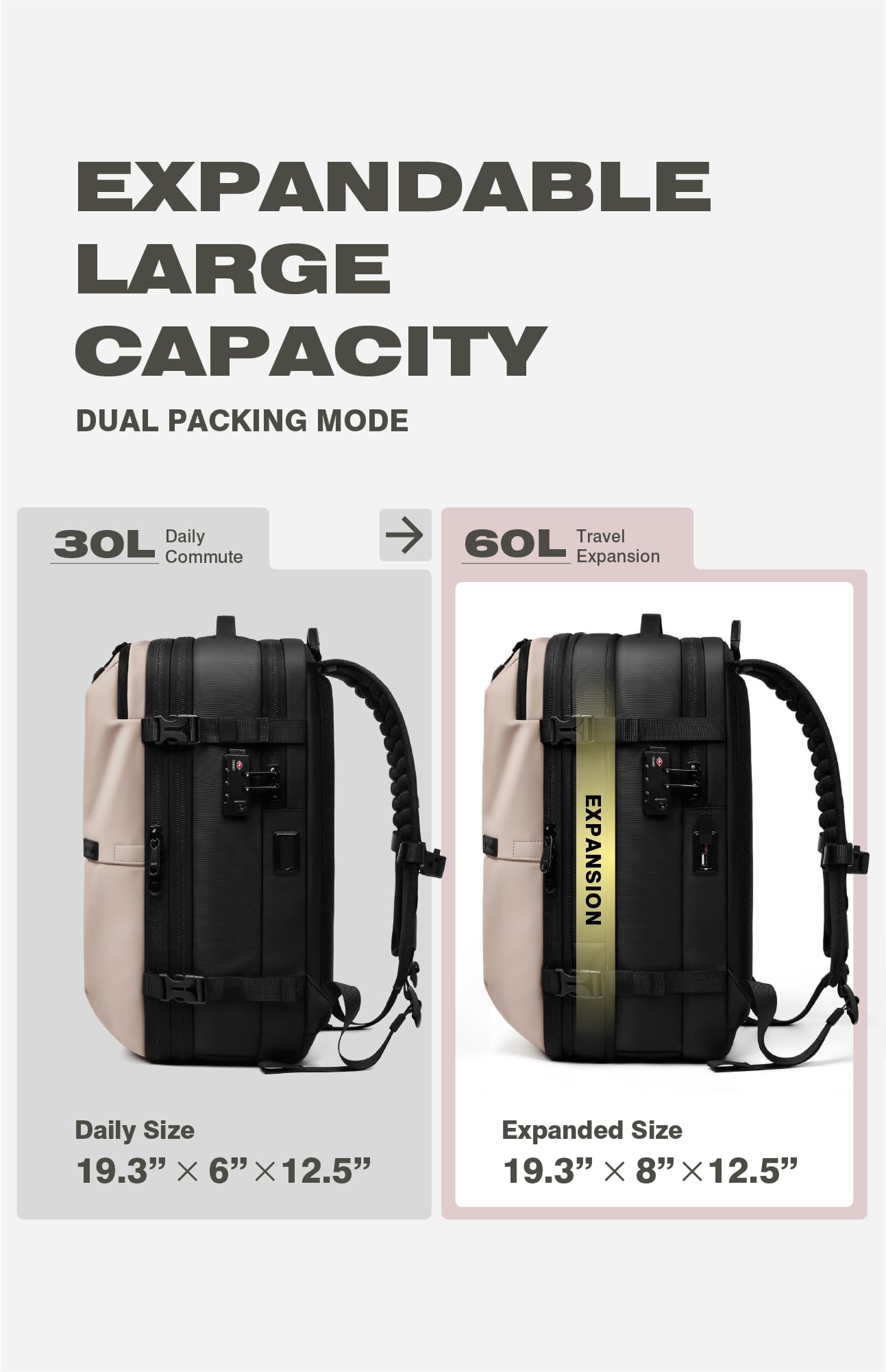 AirVault Vacuum Seal Travel Backpack 60L with Expandable HyperSeal Air Compression Vacuum System Water Resistant TSA Lock (Vacuum Pump Included, Black, 60L)