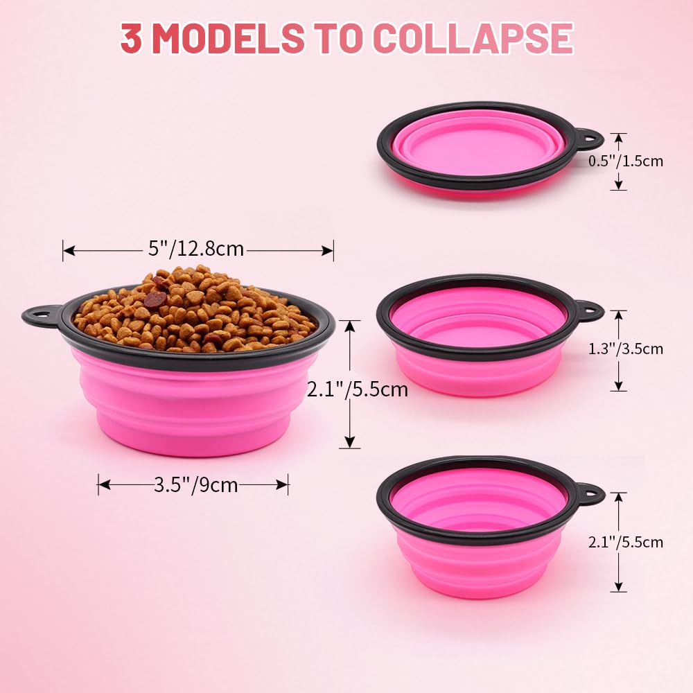 Dog Bowl Pet Collapsible Bowls, 2 Pack Collapsible Dog Water Bowls for Cats Dogs, Portable Pet Feeding Watering Dish for Walking Parking Traveling with 2 Carabiners (Small, Black & Pink)