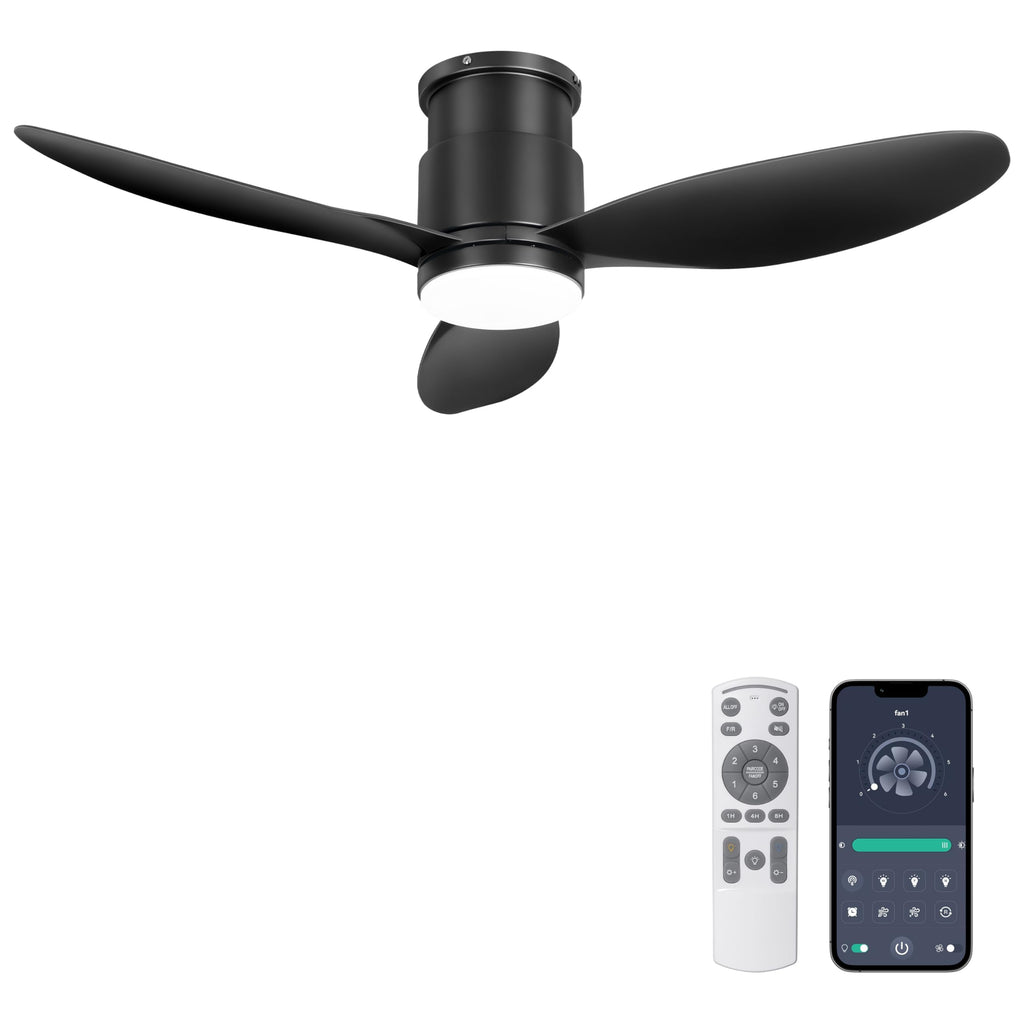 Ohniyou 42'' Flush Mount Ceiling Fans with Lights, Remote/App Control, Dimmable, Quiet Indoor/Outdoor Ceiling Fan for Covered Patio, Bedroom, Kitchen, Black