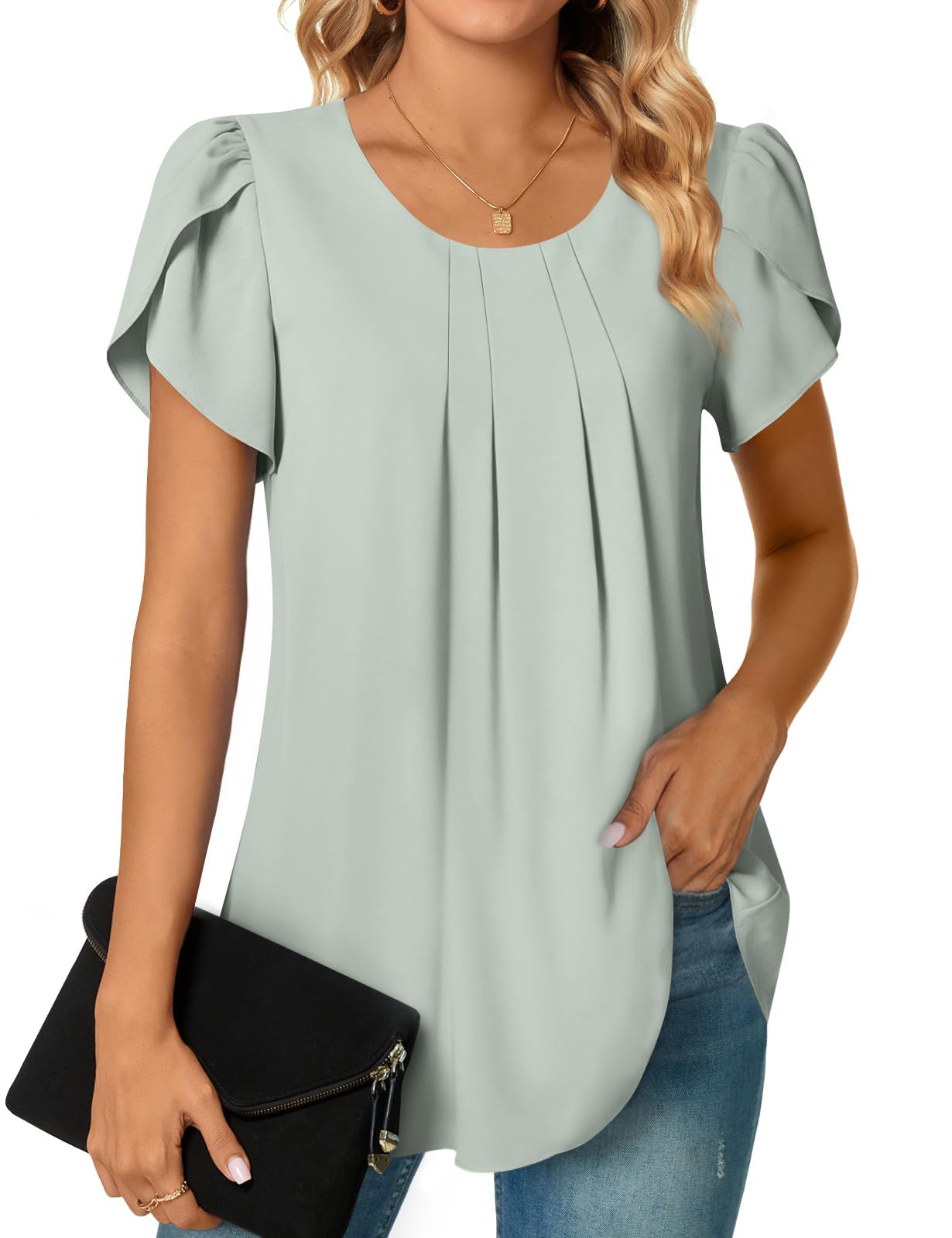 Bestbee Womens Plus Size Tops Dressy Casual Summer Chiffon Blouses Short Sleeve Dress Shirts Business Loose Fit Tunics