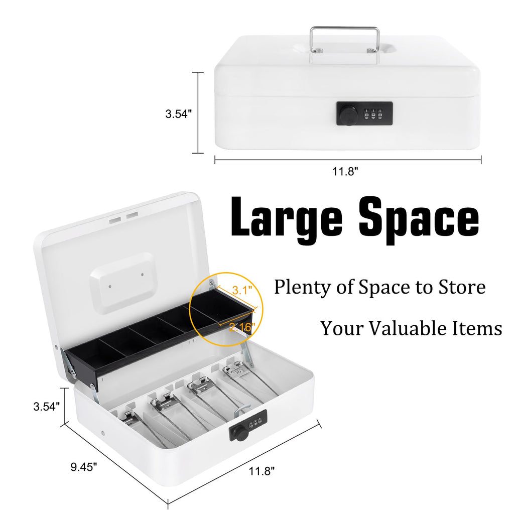 Cash Box with Money Tray and Key Lock, Saving Lock Box with Money Tray Storage for Cash Register 11.8"x9.45"x3.54" Black XL Large