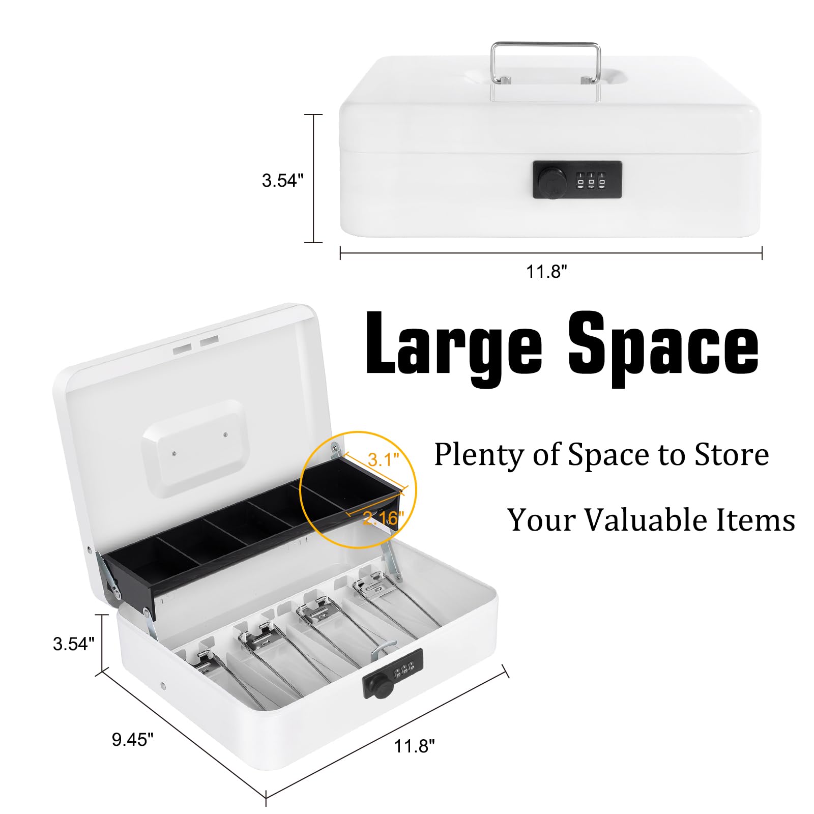 Cash Box with Money Tray and Key Lock, Saving Lock Box with Money Tray Storage for Cash Register 11.8"x9.45"x3.54" Black XL Large
