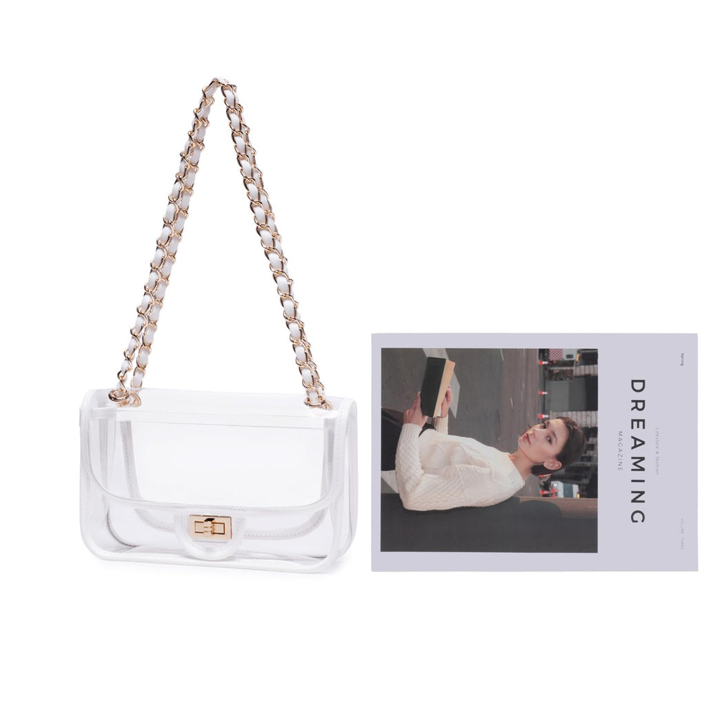Womens PVC Clear Purse Handbag with Chain Stadium Approved Clear Bag See Through Bag for Working and Concert