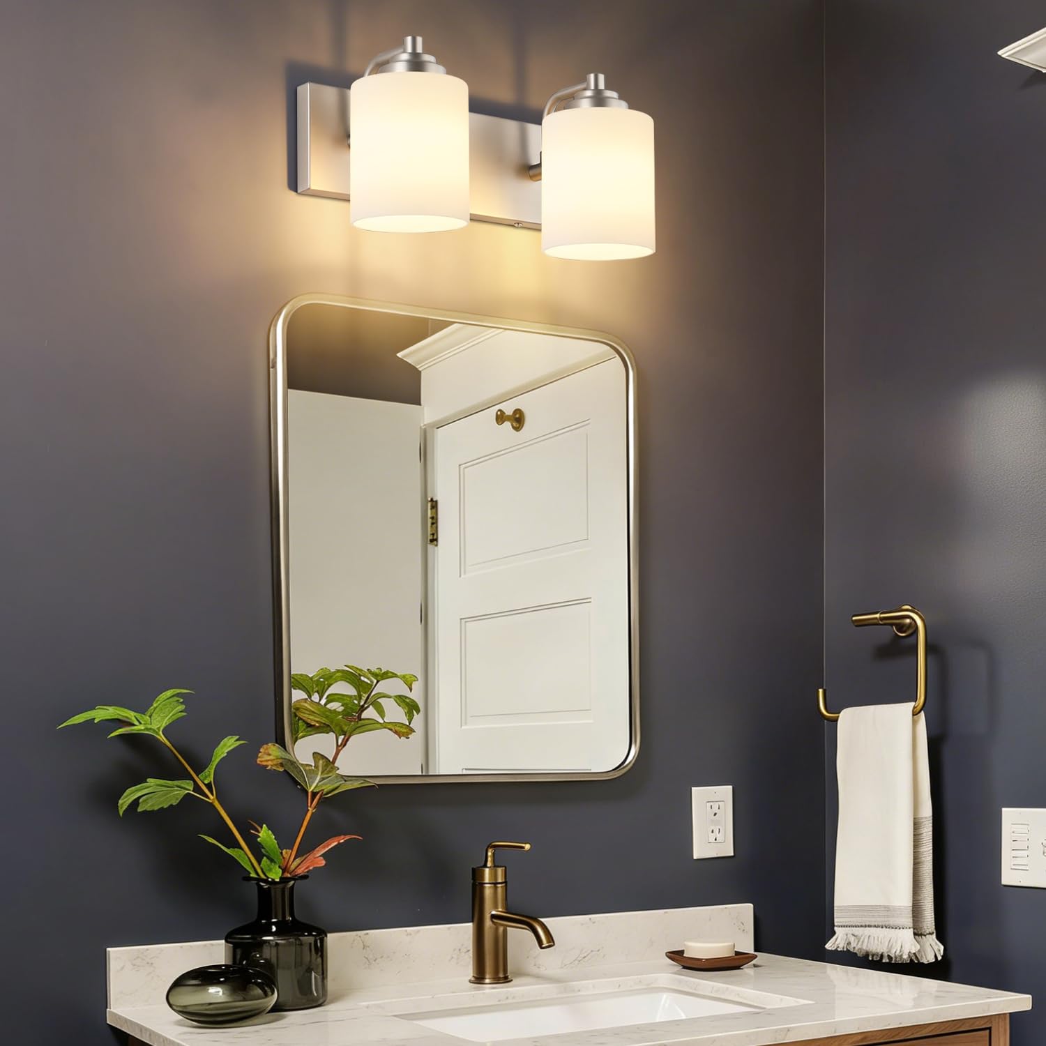 SOLFART 20.1 Inch Black Vintage Bathroom Vanity Light Fixtures Fixtures with Modern Glass Globe Shade Metal Brass Wall Lamp 2 Lights
