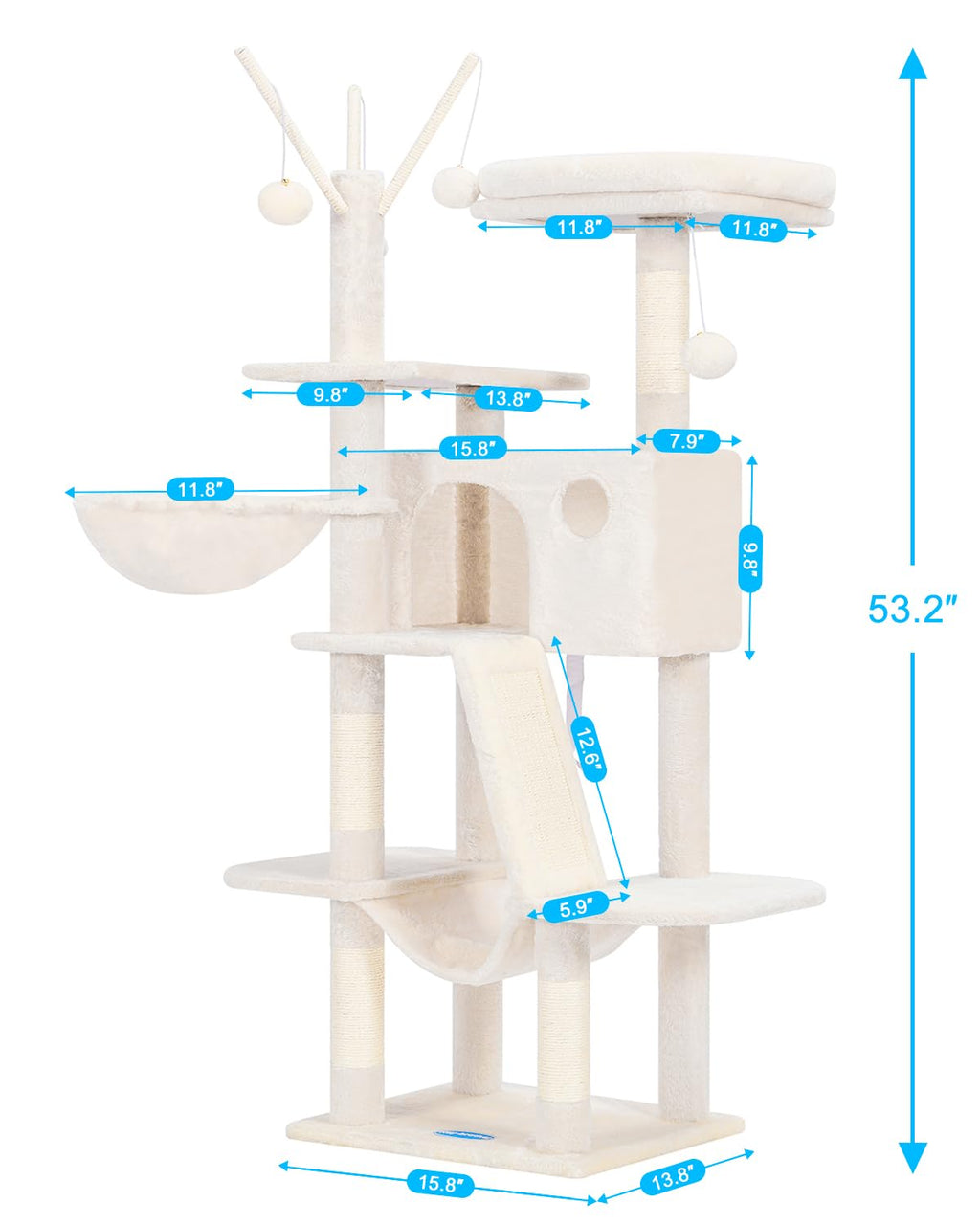 Hey-brother Cat Tree, 53 inch Cat Tower for Indoor Cats, Cat House with Padded Platform Bed, Toy Balls, Large Cozy Condo, Hammocks and Sisal Scratching Posts, Beige MPJ019-SM
