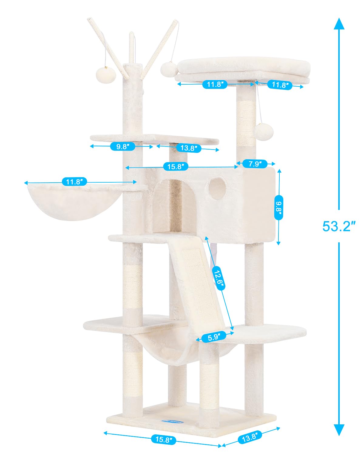 Hey-brother Cat Tree, 53 inch Cat Tower for Indoor Cats, Cat House with Padded Platform Bed, Toy Balls, Large Cozy Condo, Hammocks and Sisal Scratching Posts, Beige MPJ019-SM