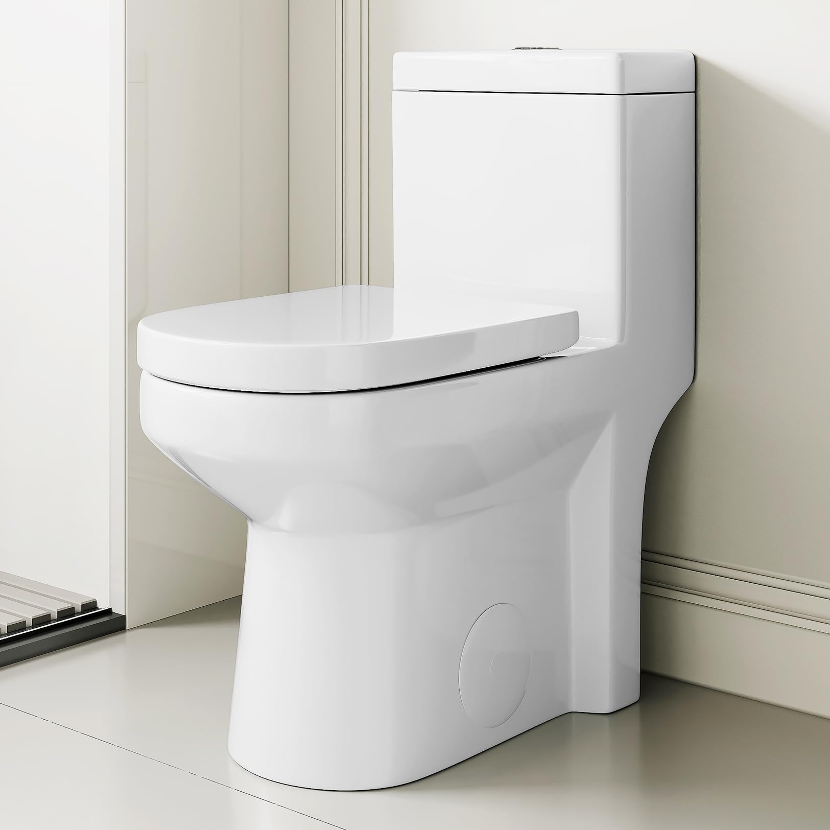 Compact One Piece Toilet for Bathroom, Space-Saving Powerful Dual Flush Round Small Toilet, Average 1.28 GPF, Skirted Design with Upgraded UF Quiet & Soft Close Seat (10" Rough-in Toilet)
