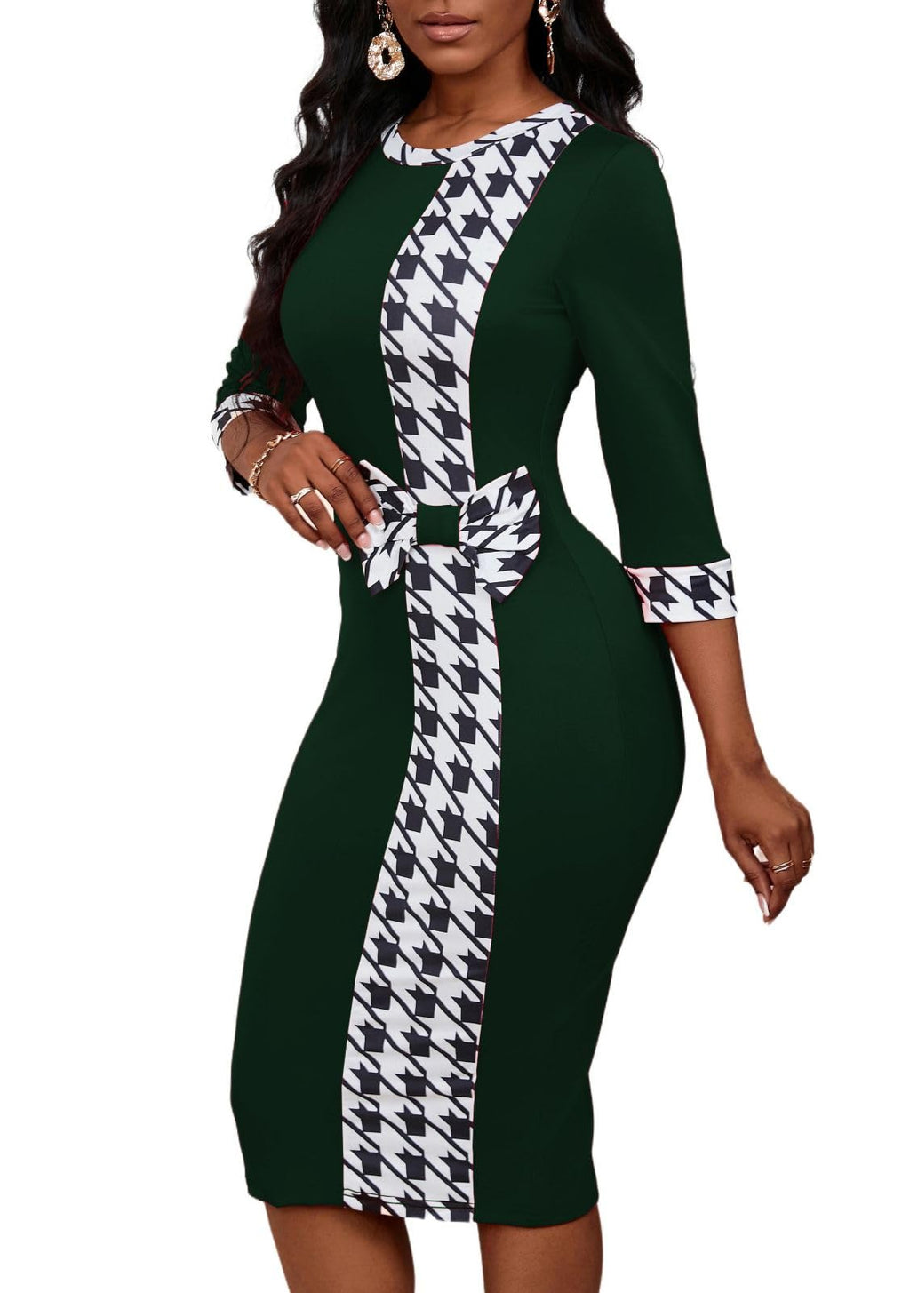 PerZeal Women's 3/4 Sleeve Round Neck Casual Houndstooth Bodycon Wear to Work Pencil Sheath Midi Dresses