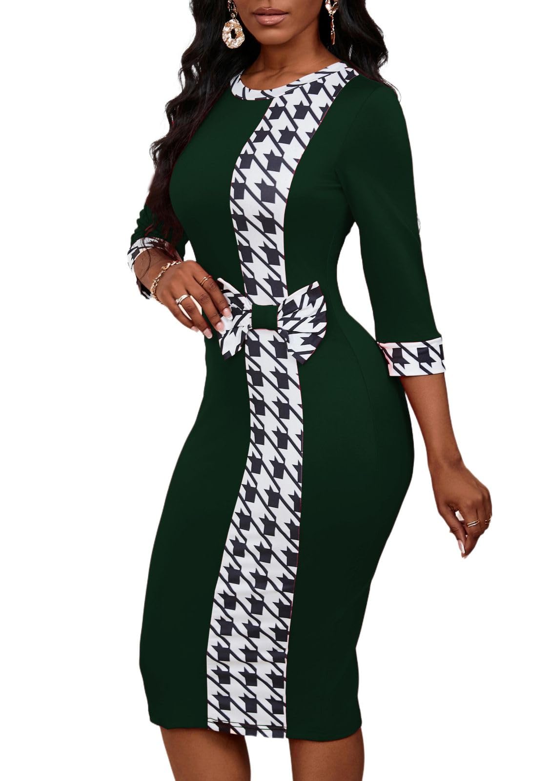 PerZeal Women's 3/4 Sleeve Round Neck Casual Houndstooth Bodycon Wear to Work Pencil Sheath Midi Dresses