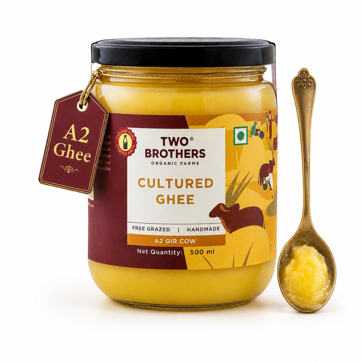 Grass Fed A2 Cultured Ghee | Gir Cow Ghee | Clarified Butter | Cultured Desi Ghee,Non-GMO, Lactose-Free, Keto Friendly - Two Brothers Organic Farms (16 fl oz (500 ml) Plastic)