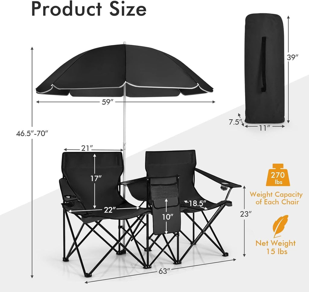 COSTWAY Double Portable Picnic Chairs, Folding Camping Chairs w/Detachable Umbrella, Cooler Bag, Cup Holders, Patio Beach Camping Chairs for Outdoors