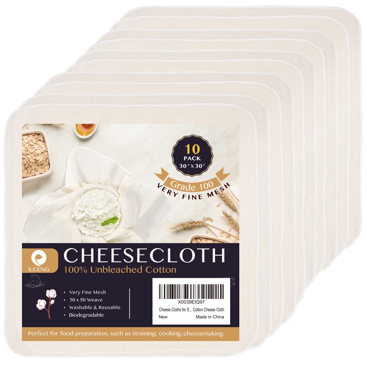 Precut Cheesecloth, 15 x 15'' 4 Pack, Grade 100, Ultra Fine Cheese Cloth for Straining & Cooking, 100% Unbleached Cotton Muslin Cloth for Making Cheese