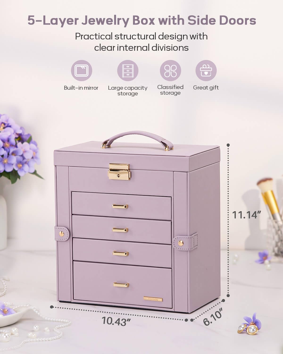 Homde Mothers Day Gifts Synthetic Leather Huge Jewelry Box Mirrored Watch Organizer Necklace Ring Earring Storage Lockable Gift Case (Black + Gold)