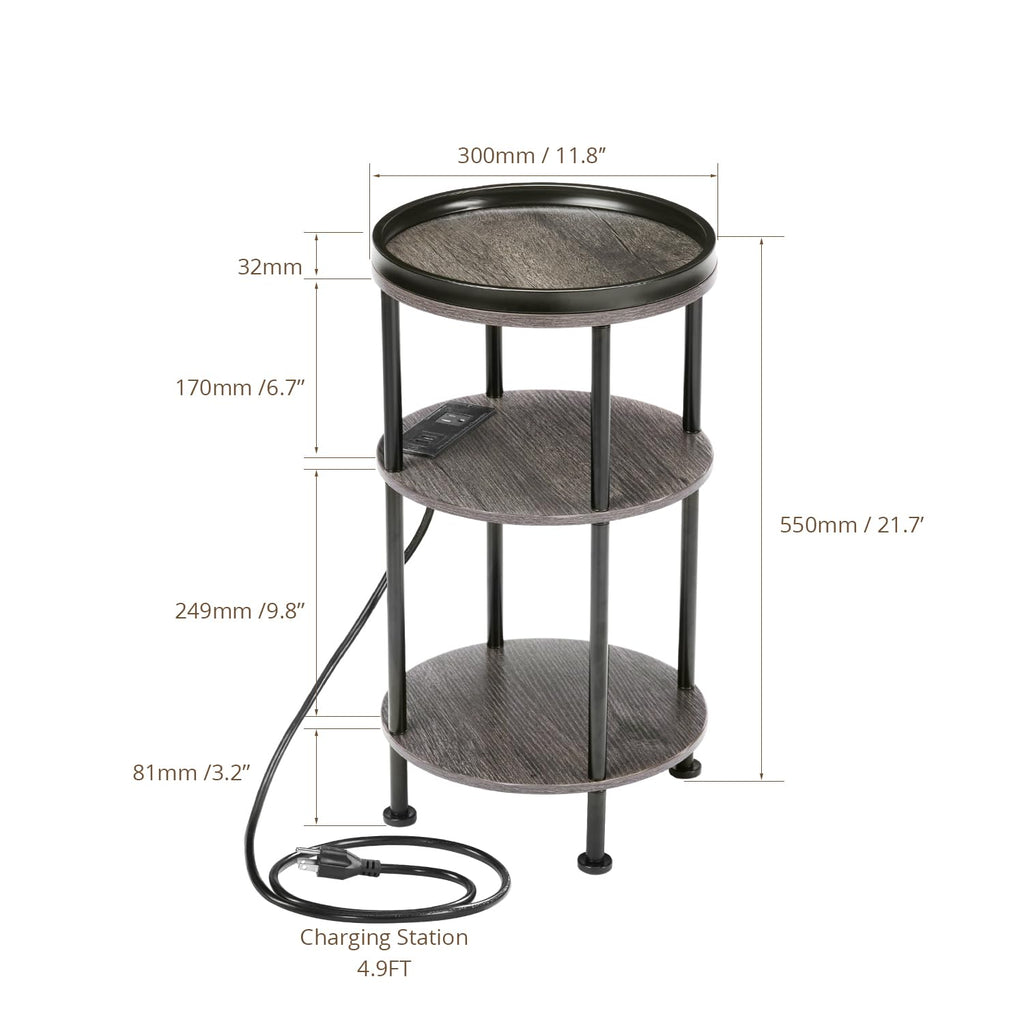 Small Round Side Table with Charging Station for Small Spaces, 3-Tier Accent Table with USB Ports & Power Outlets, Sofa Corner Tea Table for Living Room Nightstand Bedroom Apartment (Black)