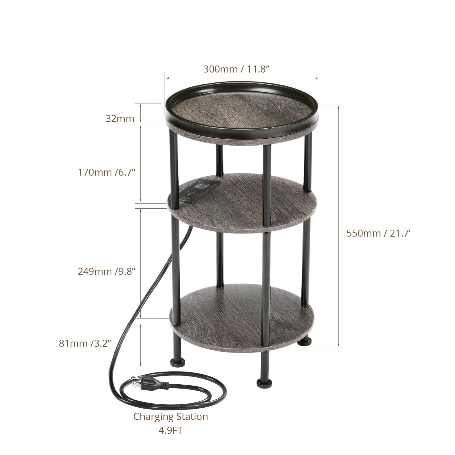 Small Round Side Table with Charging Station for Small Spaces, 3-Tier Accent Table with USB Ports & Power Outlets, Sofa Corner Tea Table for Living Room Nightstand Bedroom Apartment (Black)