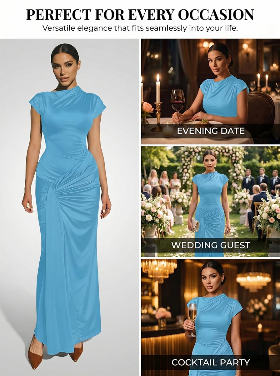 Mojessy Women Bodycon Maxi Dress Sexy Mock Neck Lace Up Bandage Ruched Short Sleeve Long Dress Cocktail Dress