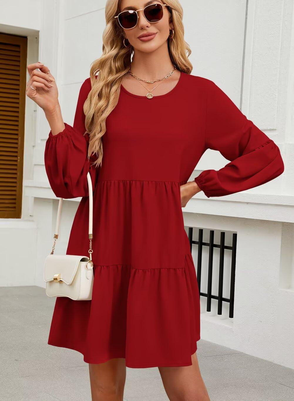 QACOHU Falll Dresses for Women 2026 Crew Neck Long Lantern Sleeve Casual Loose Flowy Swing Shift Dress