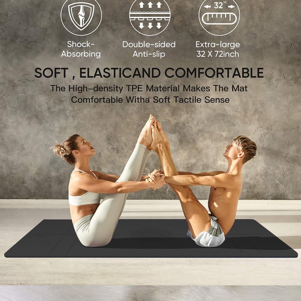 Gruper Yoga Mat Non Slip TPE Extra Wide Yoga Mat with Alignment Mark, 72"L x 32"W x 0.32"/0.24"Th (183cm x 80cm x 8mm/6mm), Anti-Tear Exercise Mat with Carrying Strap and Bag, Workout Mats for Yoga, Pilates
