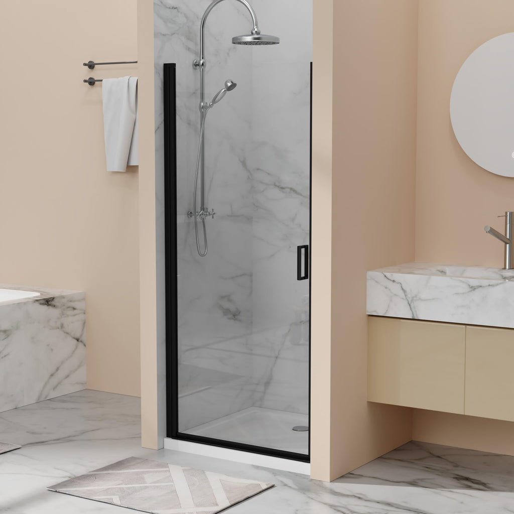 28” x 72” Pivot Shower Door, 1/4 inch Tempered Glass Panel Pivot Swing Shower Door in Matte Black Finish, Semi-Frameless Design