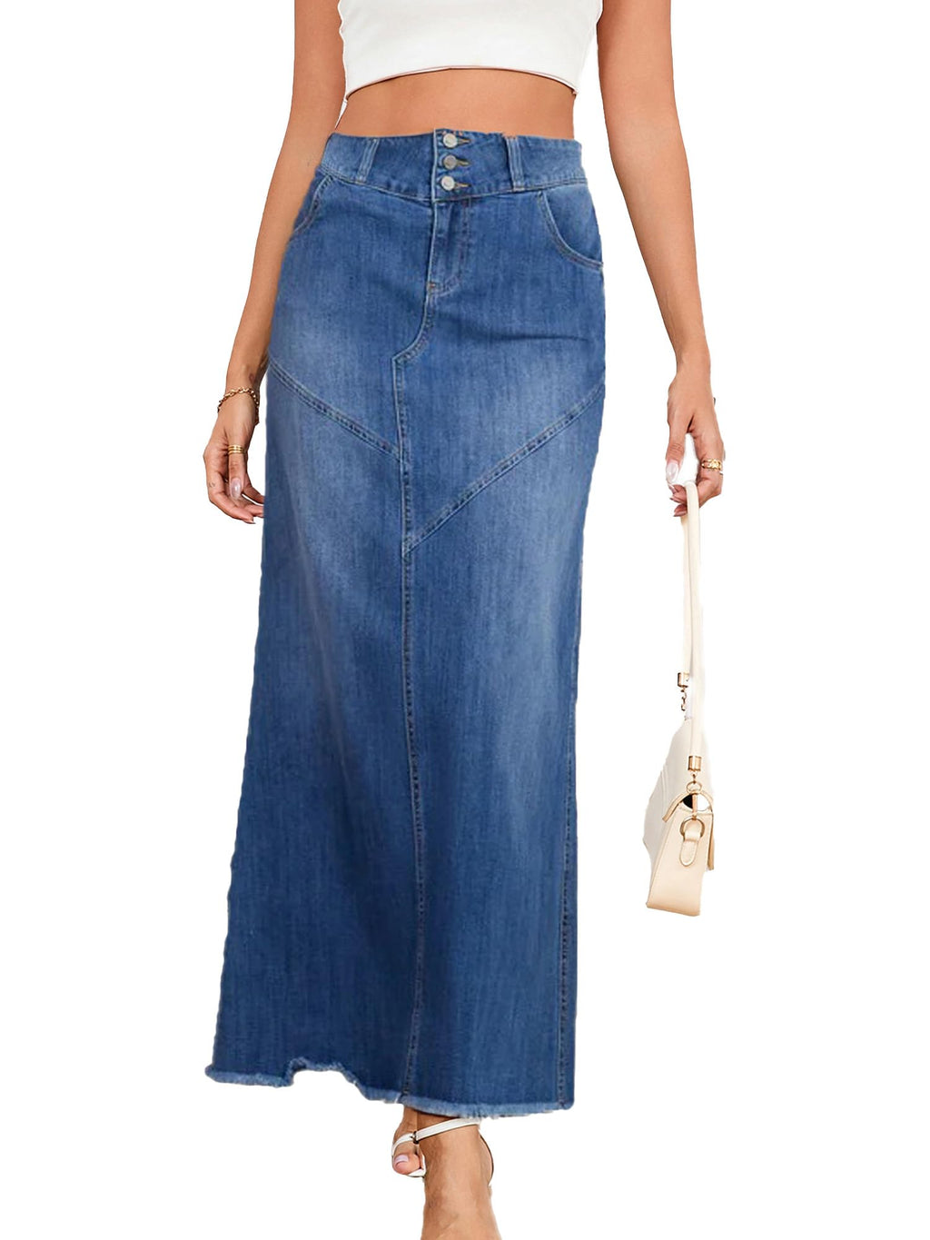 Jean Skirt for Women Denim Skirt High Waist Stretch Midi Denim Skirts with Pockets