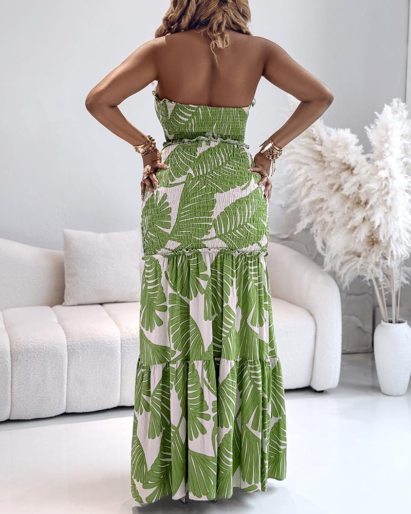 CHICME Floral Printed Vacation Dress Halter Tie Ruched Shirred Bandeau Party Dress Slim Ruffle Hem Wedding Guest Dress