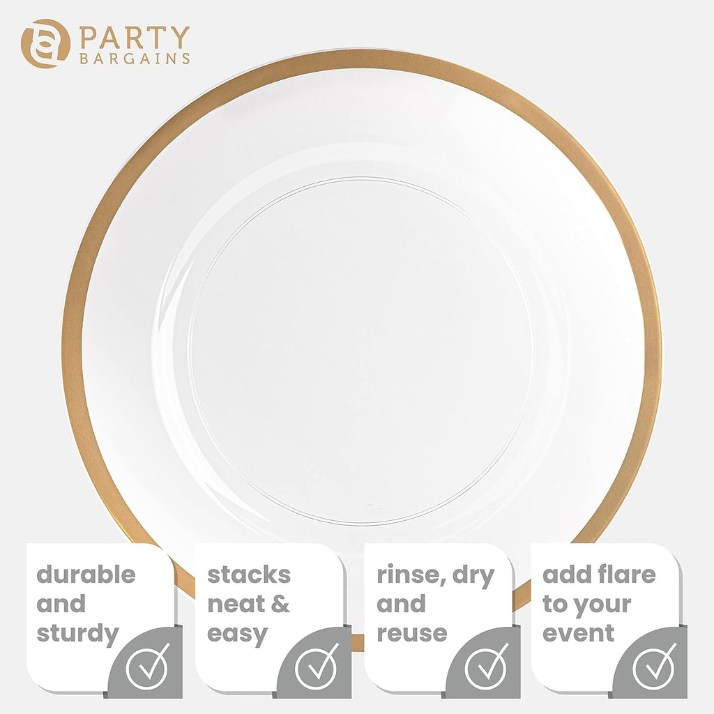 PARTY BARGAINS 13-Inch Charger Plates - 96 Pack, Clear Gold Rim, Heavy-Duty Disposable Chargers for Elegant Dining - Ideal for Weddings and Formal Events