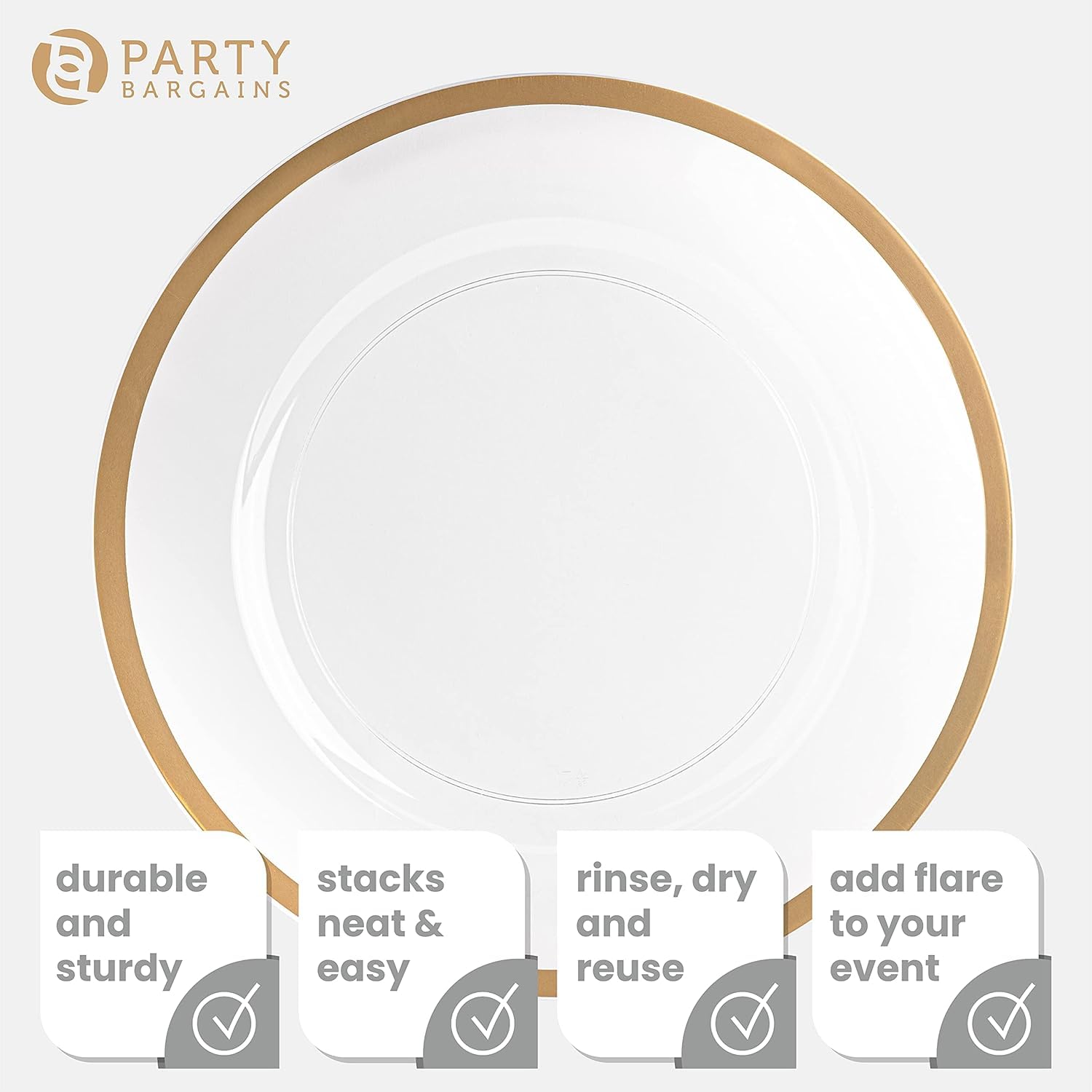 PARTY BARGAINS 13-Inch Charger Plates - 96 Pack, Clear Gold Rim, Heavy-Duty Disposable Chargers for Elegant Dining - Ideal for Weddings and Formal Events