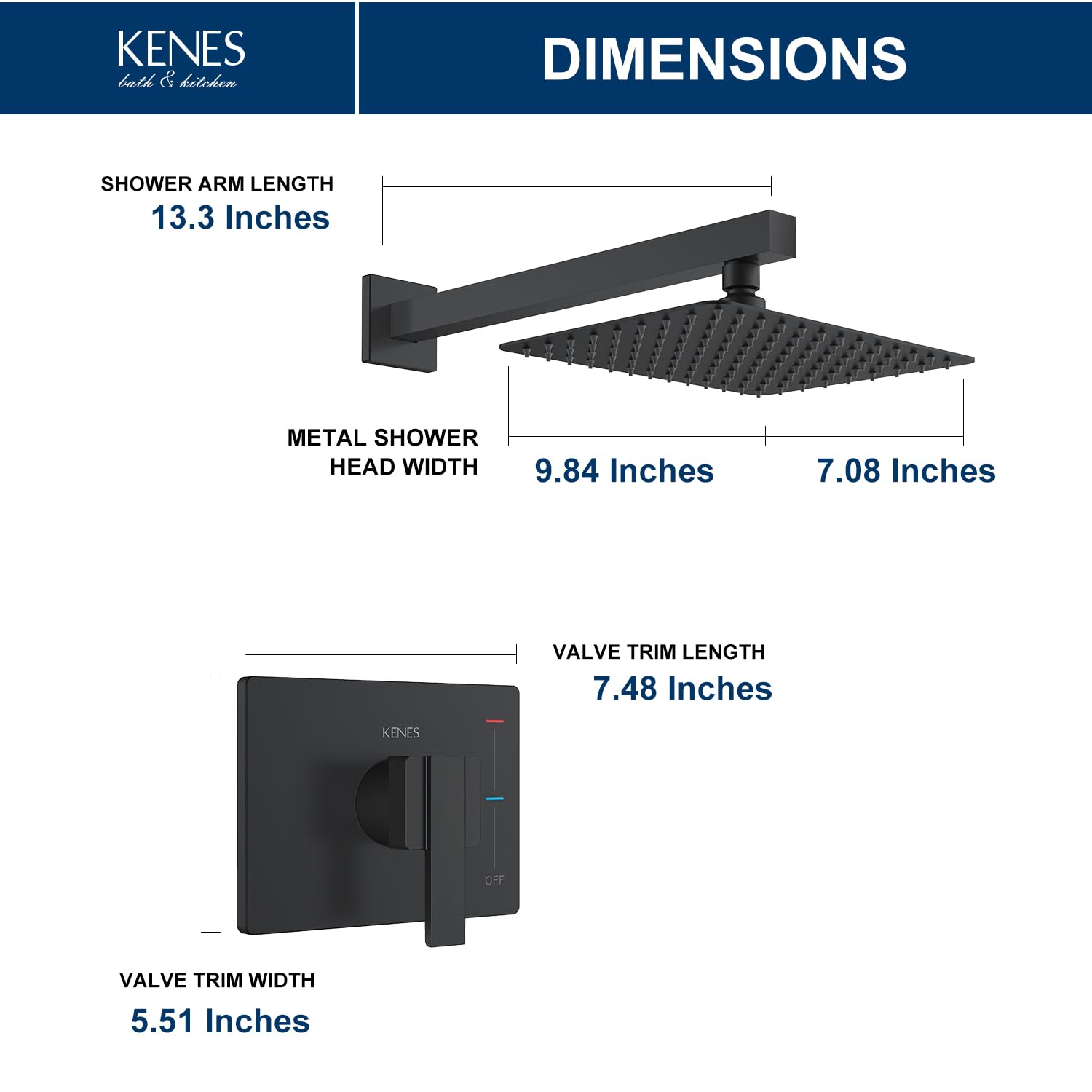 KENES Brushed Nickel 10-Inch Shower Head and Handle Set, Square Shower Faucet Set Bathroom Rainfall Shower System Wall Mount, KE-6024B (Shower Valve Included)