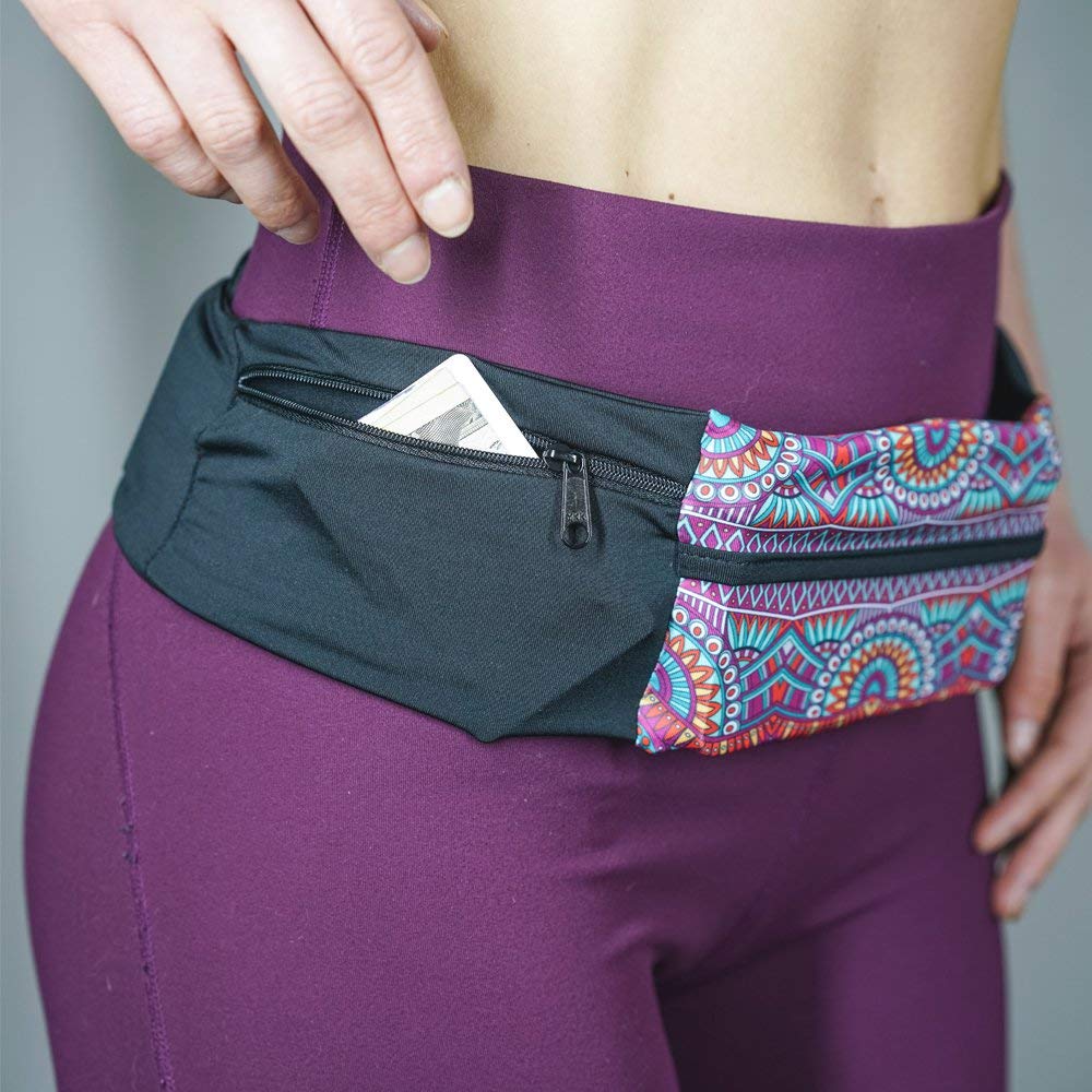 3 Pocket Adjustable Running Belt Waist Pack, Fanny Pack For Working Out With Sweat Resistant Backing, Holds All iPhone Models (Black/Black, X-Small)
