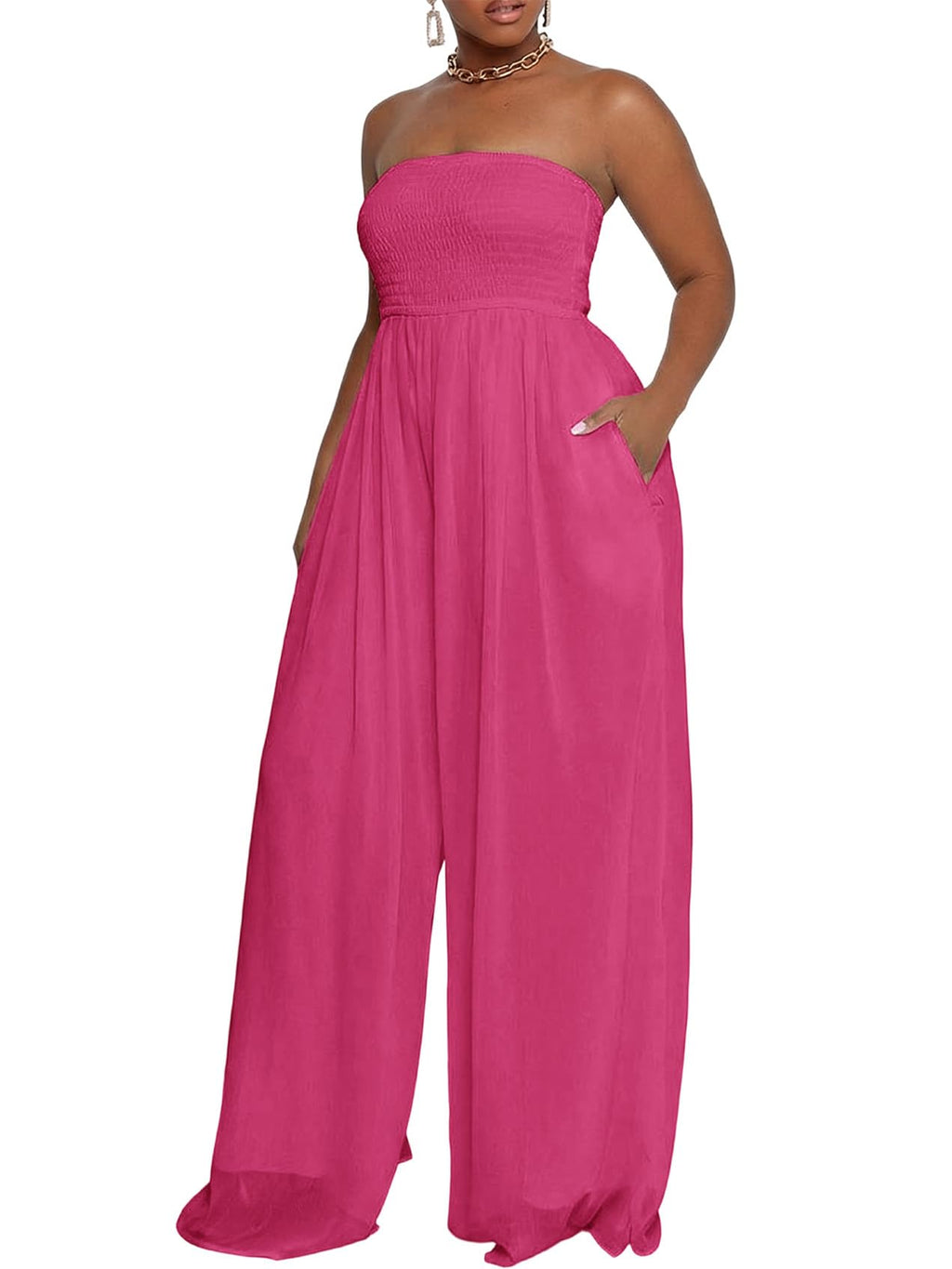 Ophestin Women's Strapless Tube Wide Leg Jumpsuits Smocked Women Jumpsuits Dressy Casual Flowy One Piece Jumpsuits Rompers