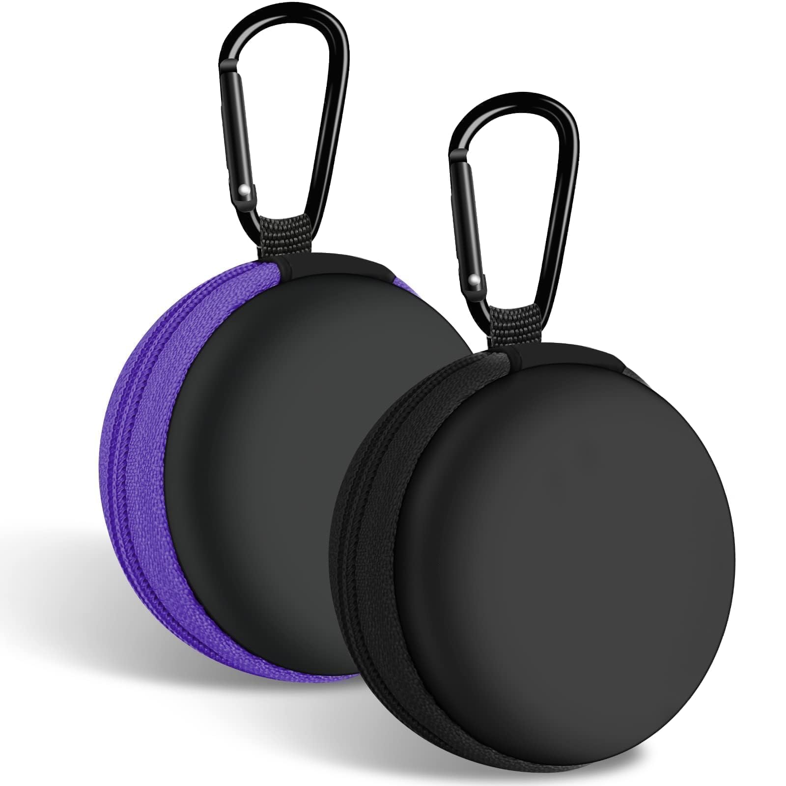 2Pack Oval Earbud Case Portable EVA Carrying Case Storage Bag Cell Phone Accessories Organizer with Carabiner for Earphone, Earbud, Earpieces, SD Memory Card, Camera Chips, Black/Purple