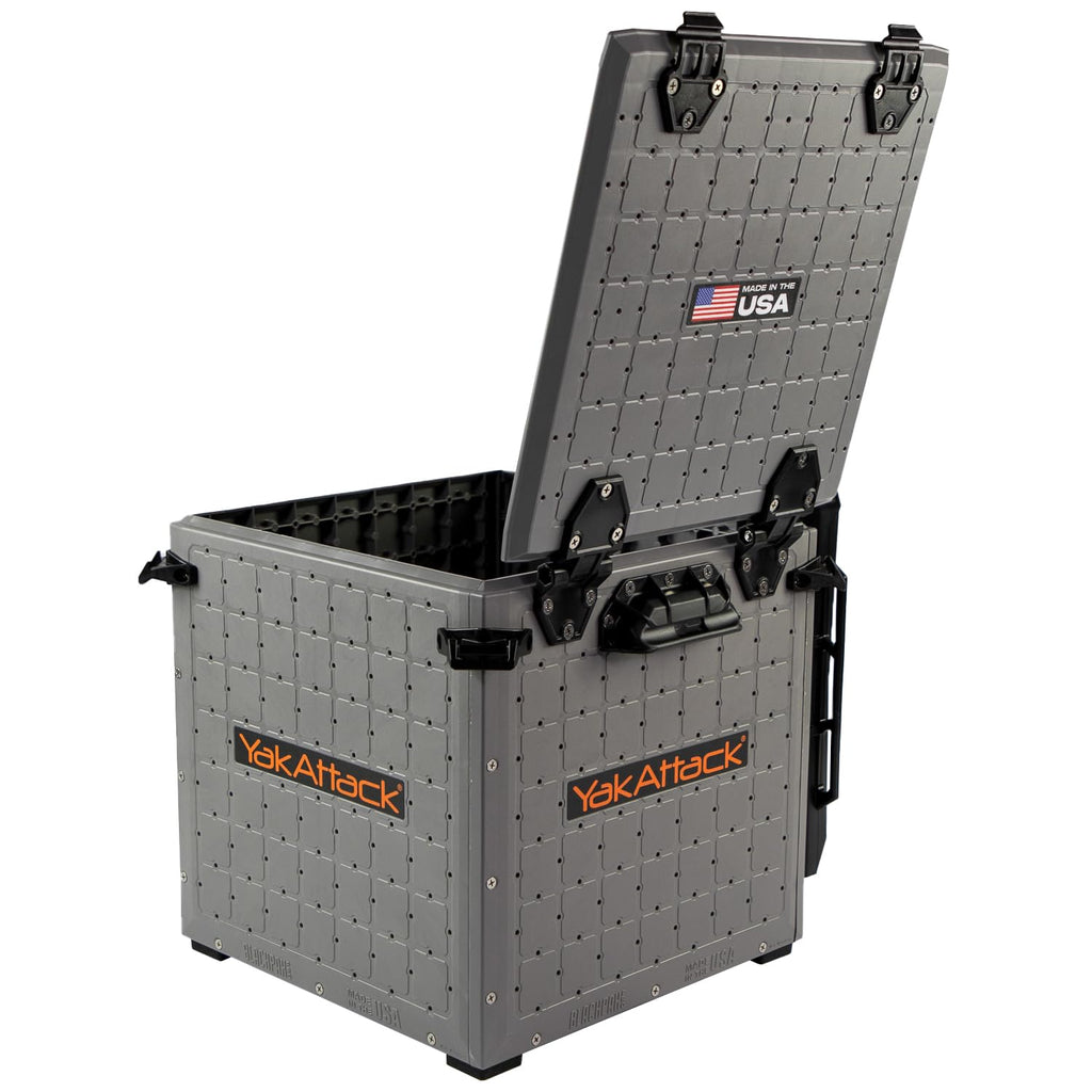 YakAttack BlackPak Pro 13" x 13" Fishing Crate with 3 Rod Holders - Battleship Grey | Compact Tackle Storage Box & Gear Organizer for Kayaks | Lightweight, Durable & Customizable Marine Accessory