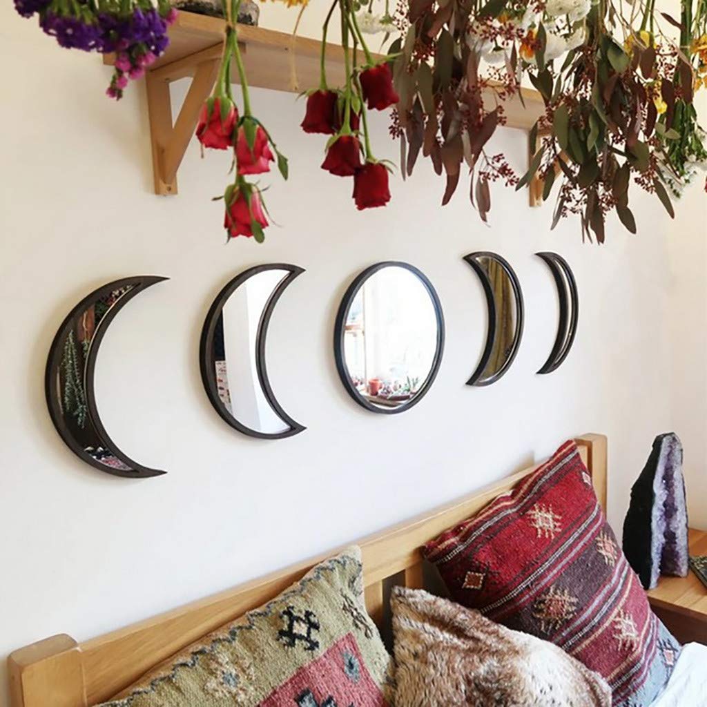 Scandinavian Decor 5-Piece Acrylic Wall Decor - Wooden Moon Phase Mirror, Bohemian Design for Living Room, Bedroom - Beige