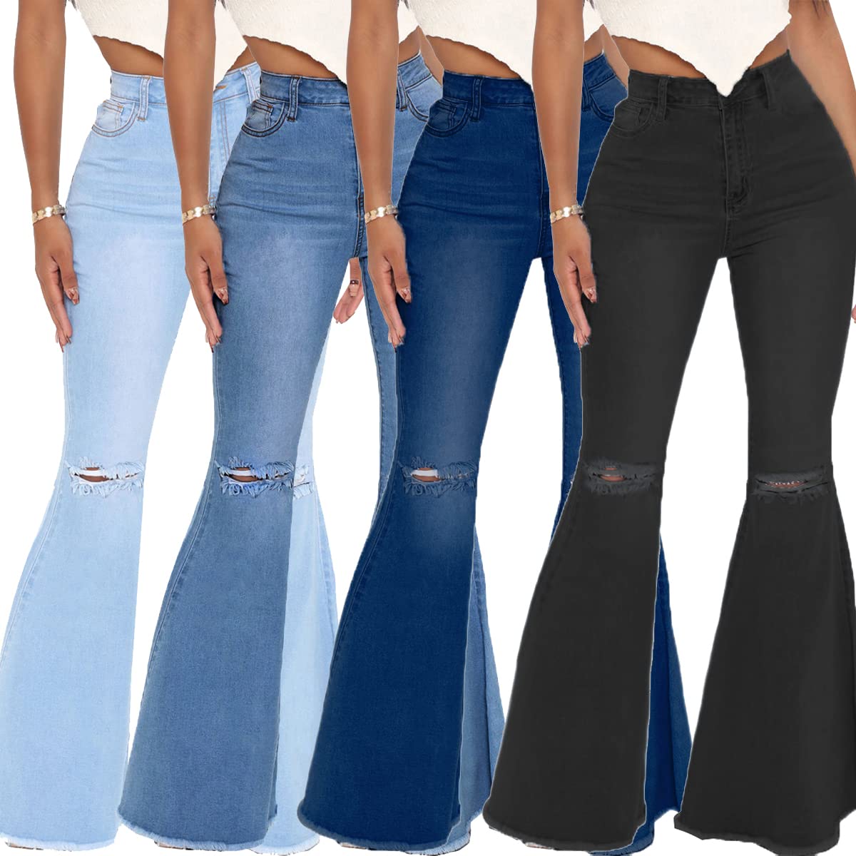 Bell Bottom Jeans for Women Ripped High Waisted Classic Flared Denim Pants