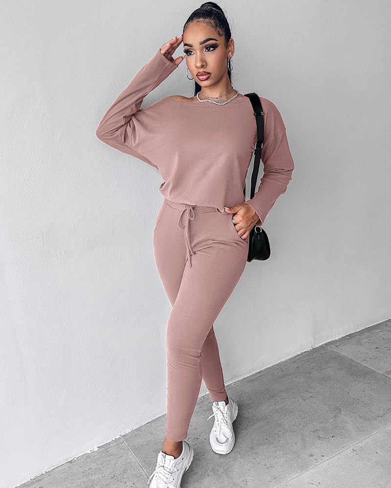 CHICME Women Tracksuit Fall 2 piece Outfits Off The Shoulder Long Sleeve Tops and Pants Set Travel Outfits