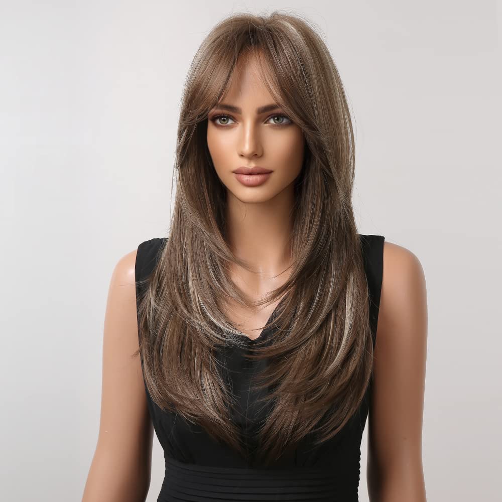 HAIRCUBE Auburn Wigs for Women,Long Layered Orange Wigs with Bangs Heat Resistant Synthetic Fibre Wigs(pelucas de cabello natural)