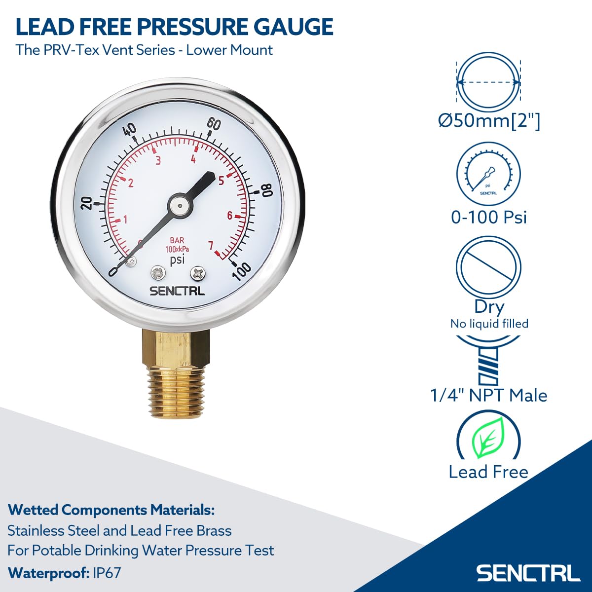 SENCTRL 30inHg Vacuum Pressure Gauge, 2" Dial, 1/8 NPT Lower Mount, Waterproof, Stainless Steel Case, for Tube Tester, HVAC, Pneumatic Air Compressor, Hand Pump, Valve Test