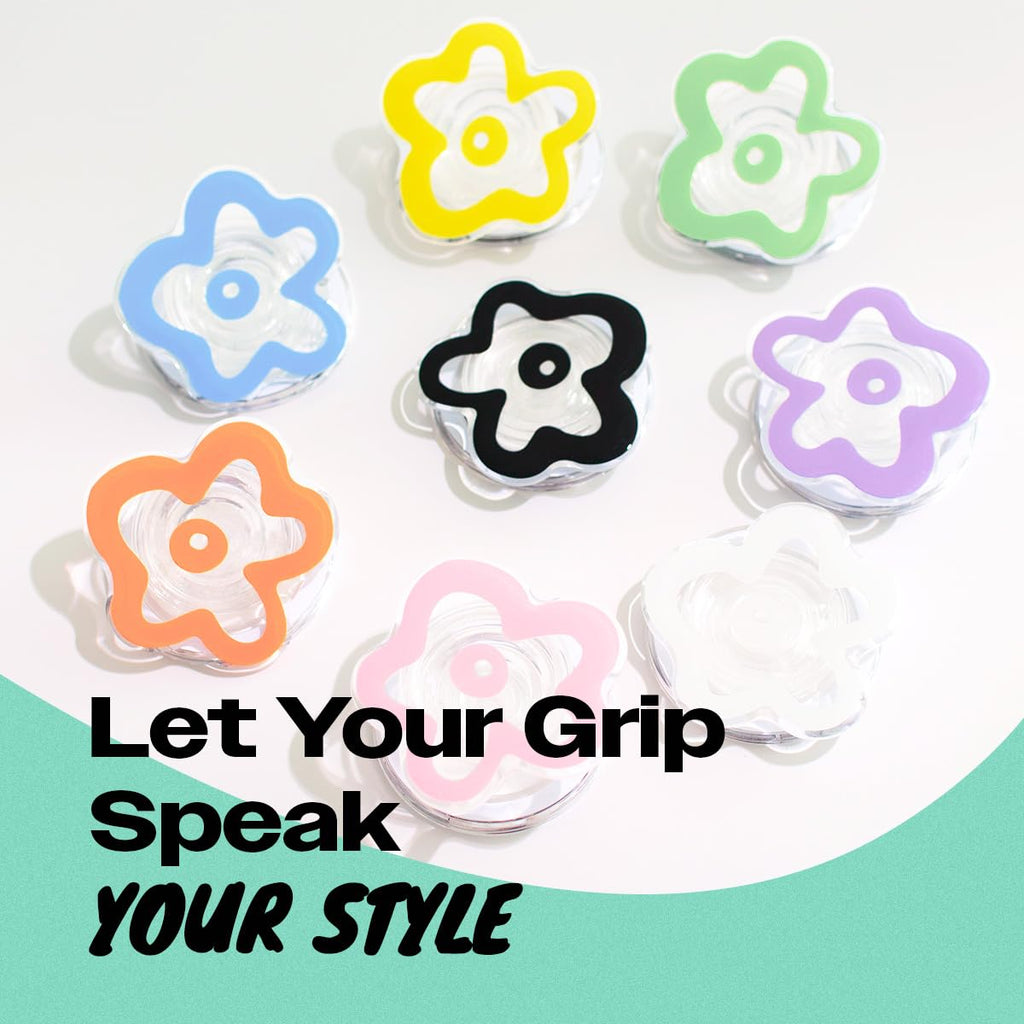OnTheGrip Cute Transparent Daisy Flower Shape Design Mobile Phone Grip Multi Functional Collapsible Stand Holder for Smartphone Tablet Cell Phone Accessory (Black)
