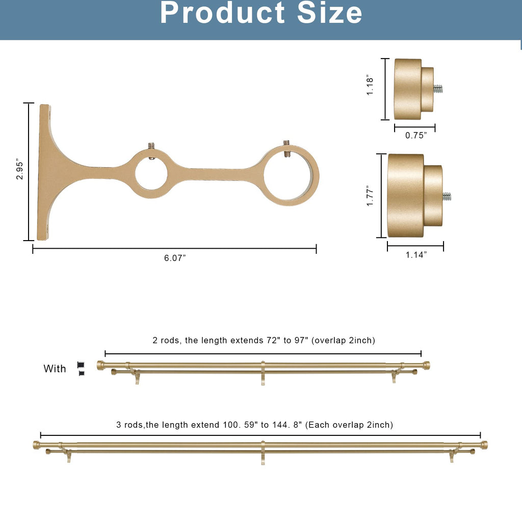 Heavy Duty Double Curtain Rods with Cylindrical Cap Finials - 36 to 72' Telescoping Rods, 1 Inch and 5/8 Inch Diameter, Light Gold