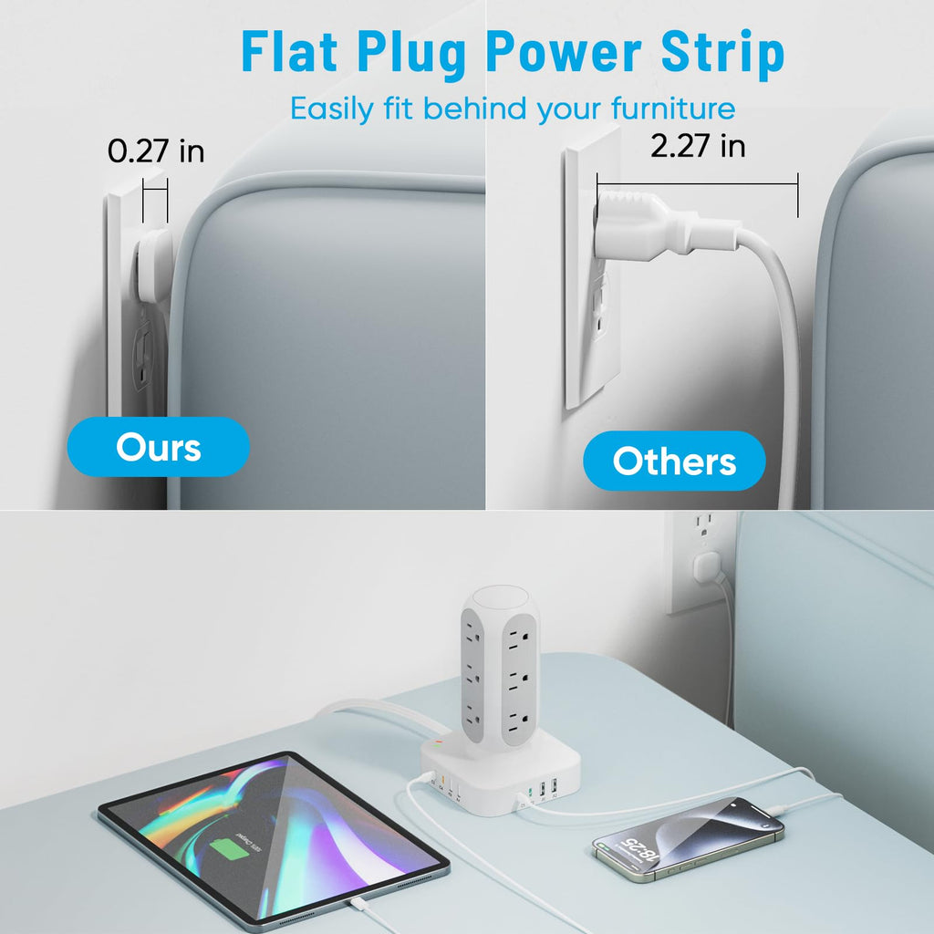 Flat Plug Power Strip Tower, TenTrend Dual PD 20W USB-C Charger Tower with 12 AC Outlets & 8 USB Ports (4 USB C), 40W Total Fast Charging Station, 10FT Extension Cord for Desk Office Dorm Room
