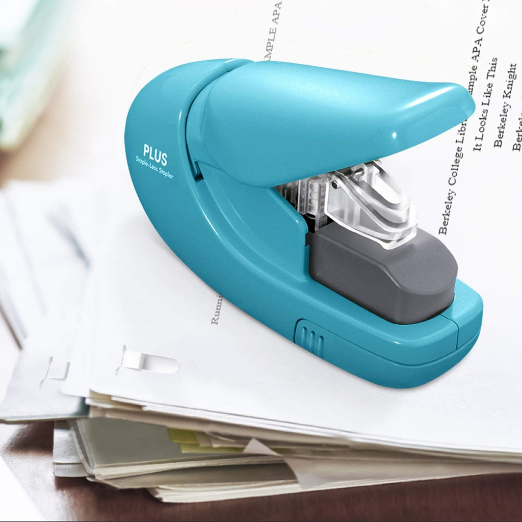 Plus Paper Clinch Compact Staple-Free Stapler, Blue Turquoise