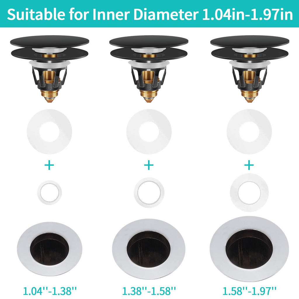 Universal Bathroom Sink Stopper with Hair Catcher, for 1.04-1.97 Inch Drain Hole, Spring Core Bathtub Drain Cover, Pop Up Sink Plug Basin Drain Strainer, Large Lid Black