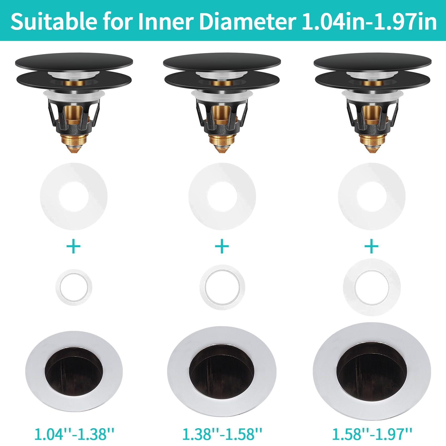 Universal Bathroom Sink Stopper with Hair Catcher, for 1.04-1.97 Inch Drain Hole, Spring Core Bathtub Drain Cover, Pop Up Sink Plug Basin Drain Strainer, Large Lid Black