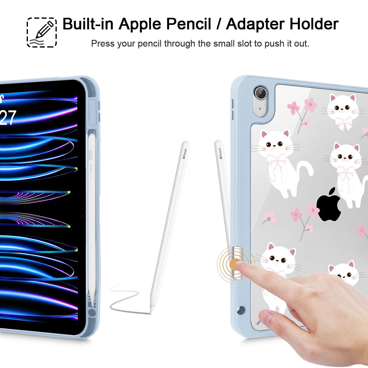 Tuiklol Case for iPad Air 11 Inch M4 2026 / Air 11 Inch M3 2025 / Air 11 Inch M2 2024 / iPad Air 10.9 Inch 2022 2020, Buit in Pencil Holder with Shockproof Cover Clear Transparent Back, Black Flower
